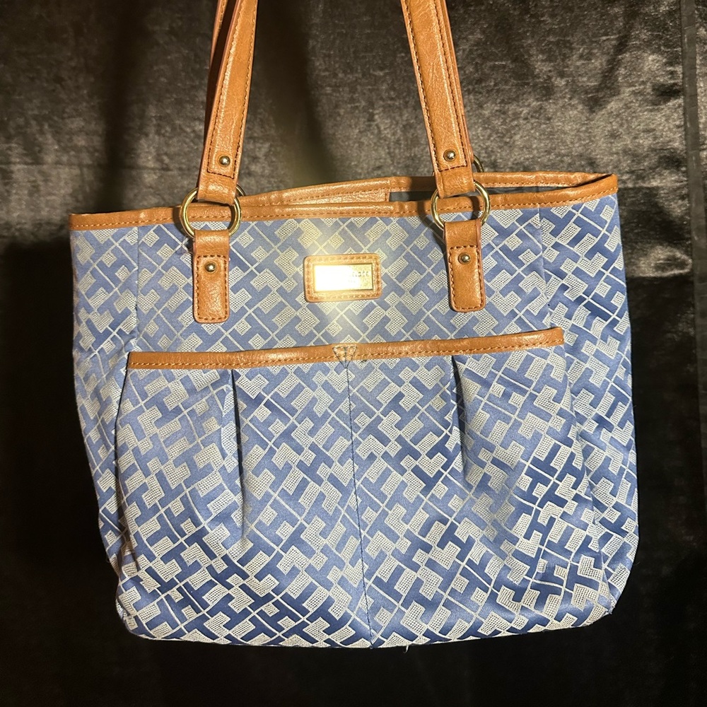 Tommy Hilfiger Blue Monogram Tote Bag with Brown Straps